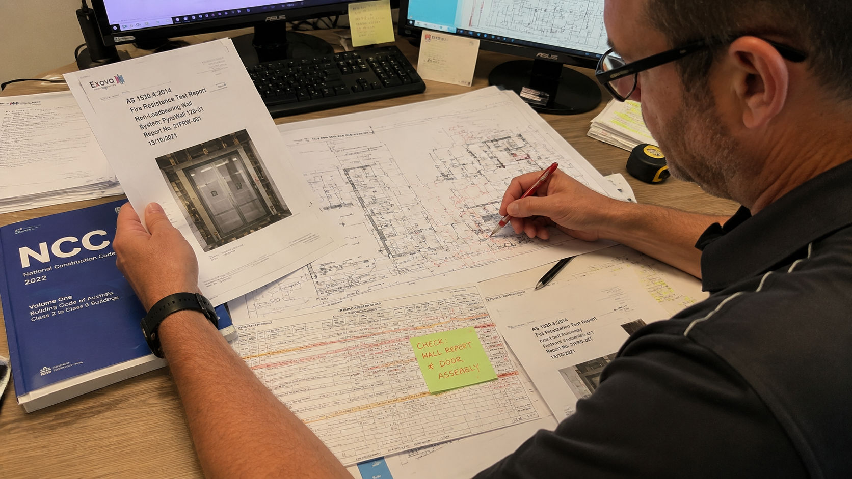 Certifier reviewing AS 1530.4 fire test documentation — compliance verification process